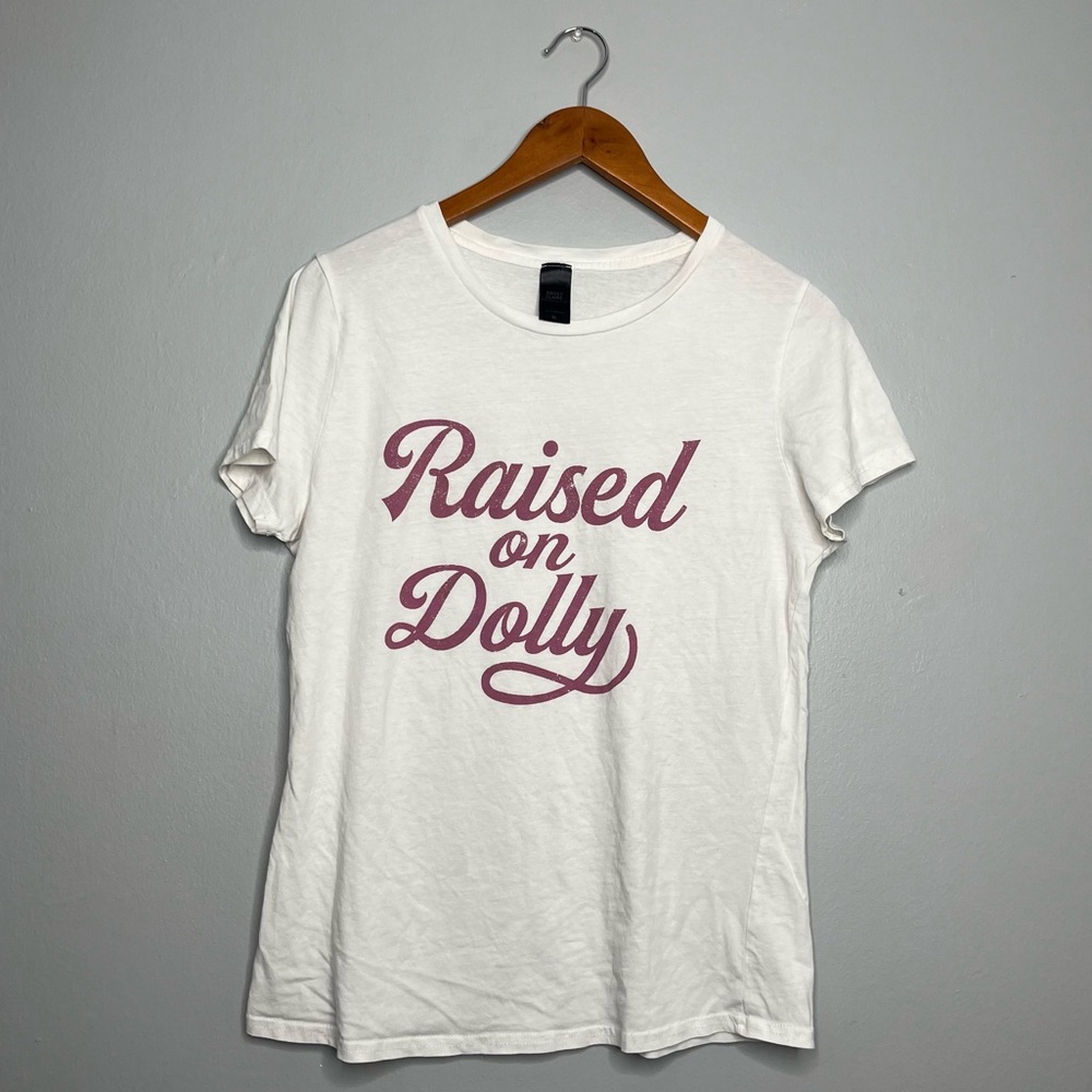 Raised on Dolly Parton White Crew Neck Graphic Short Sleeve T Shirt AA